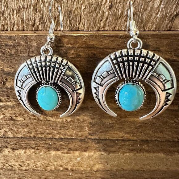 Turquoise Stone Bohemian Vintage Squash Droplet Dangle Earrings with Gift Box - Picture 3 of 8